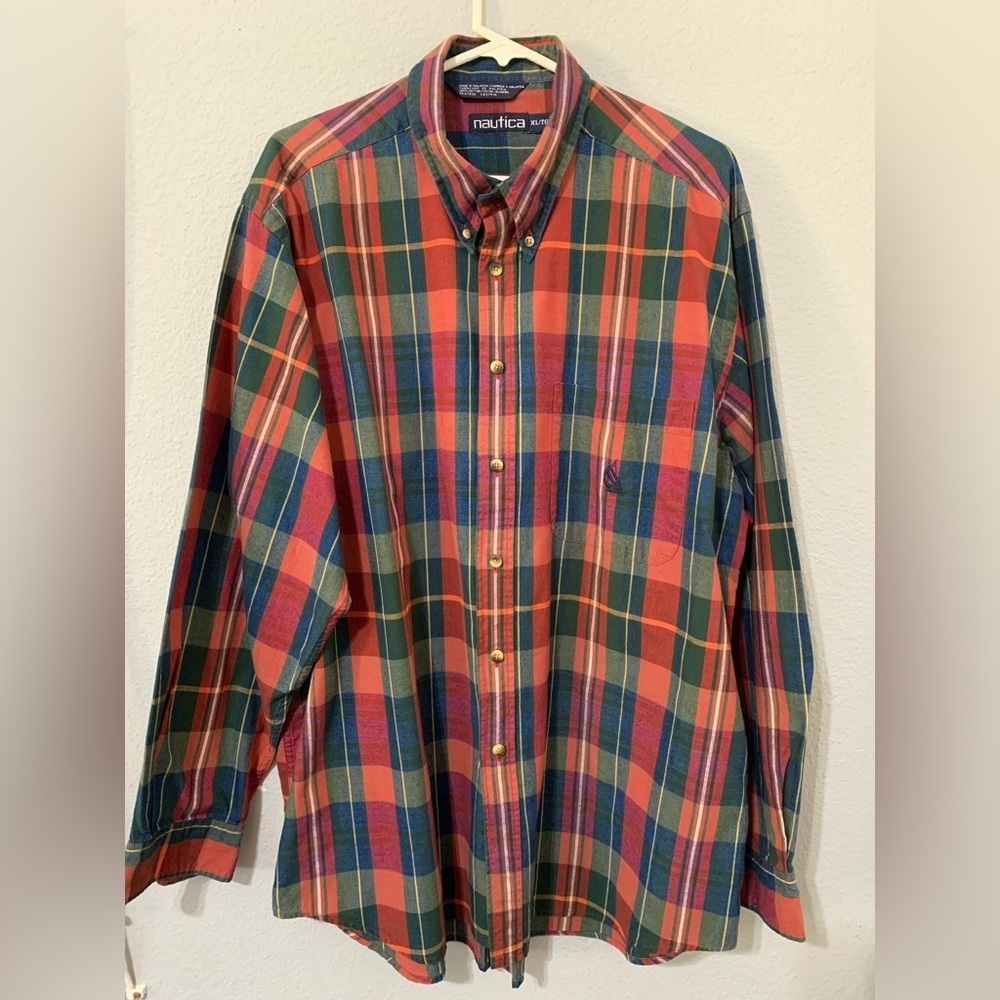 Nautica Men Long Sleeve Plaid Casual Button-Down T-Shirt 100% Cotton Size‎ XL